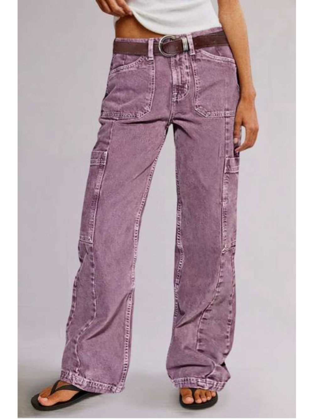 Women's Flamingals Button Detail Mid Waist Straight Leg Cargo Jeans Mauve Sz Med